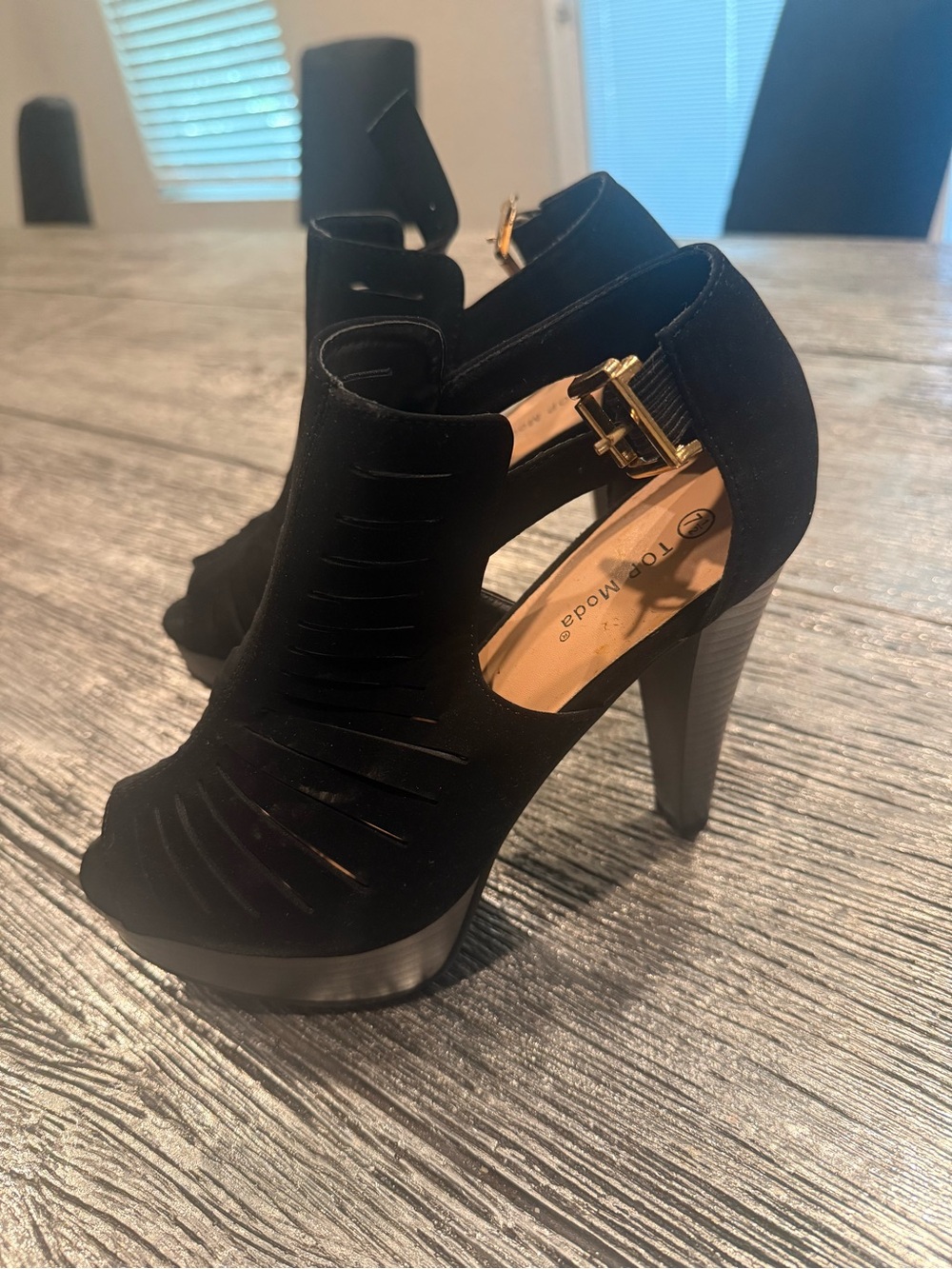 TOP Moda Black Suede Cutout Platform Heel with Gold Buckle
